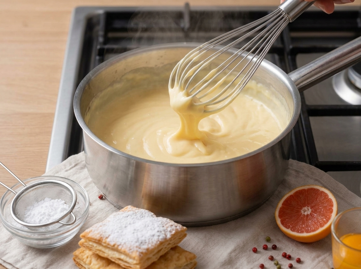 Whisk stirring thick vanilla custard in a steel saucepan on the stove, custard coating the whisk in smooth ribbons