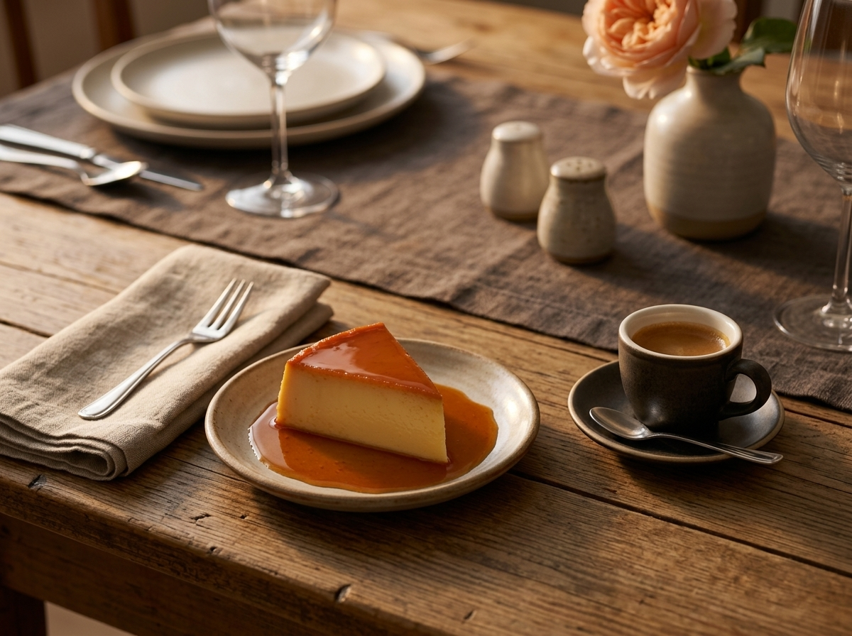 A chilled quesillo slice plated with espresso, linen napkin and morning light on a wooden breakfast table.