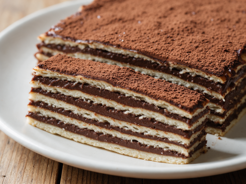 Sliced madarica cake on a white plate showing five thin pale layers separated by dark cocoa custard, dusted with cocoa powder