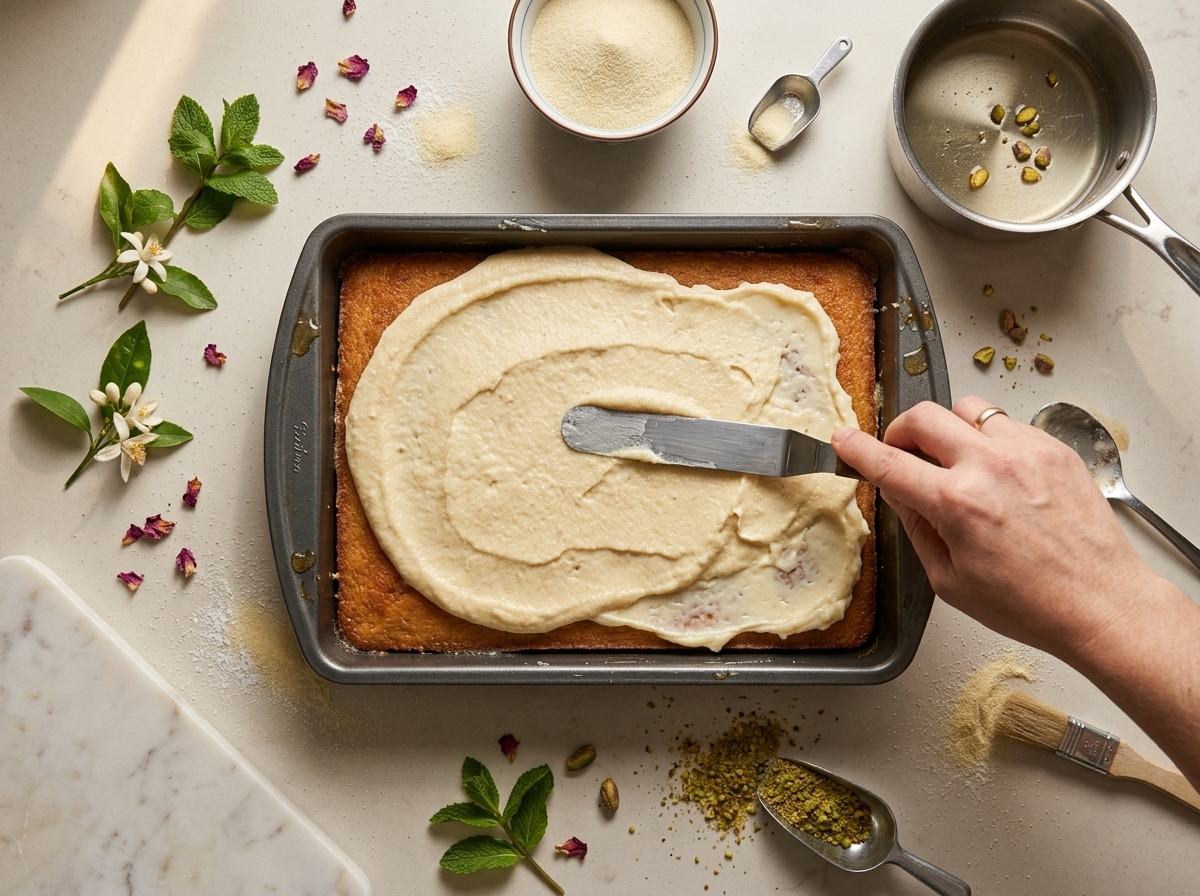 Hands spreading semolina batter over ashta cream in a rectangular pan before the second layer goes on top.
