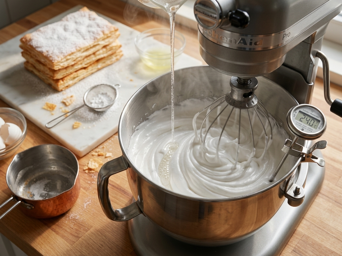 Glossy Italian meringue whipped in a stand mixer bowl as hot sugar syrup streams down the side, thermometer nearby.