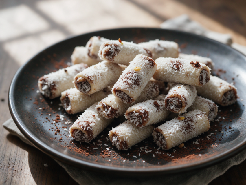 Overhead shot of coconut-coated Danish rum logs stacked on a dark plate, dusted with cocoa, on a linen napkin.
