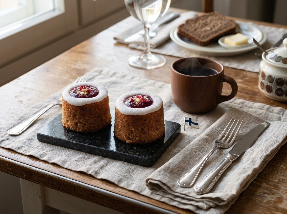 Two Runeberg tortes plated beside a cup of black coffee on a linen napkin in warm morning light