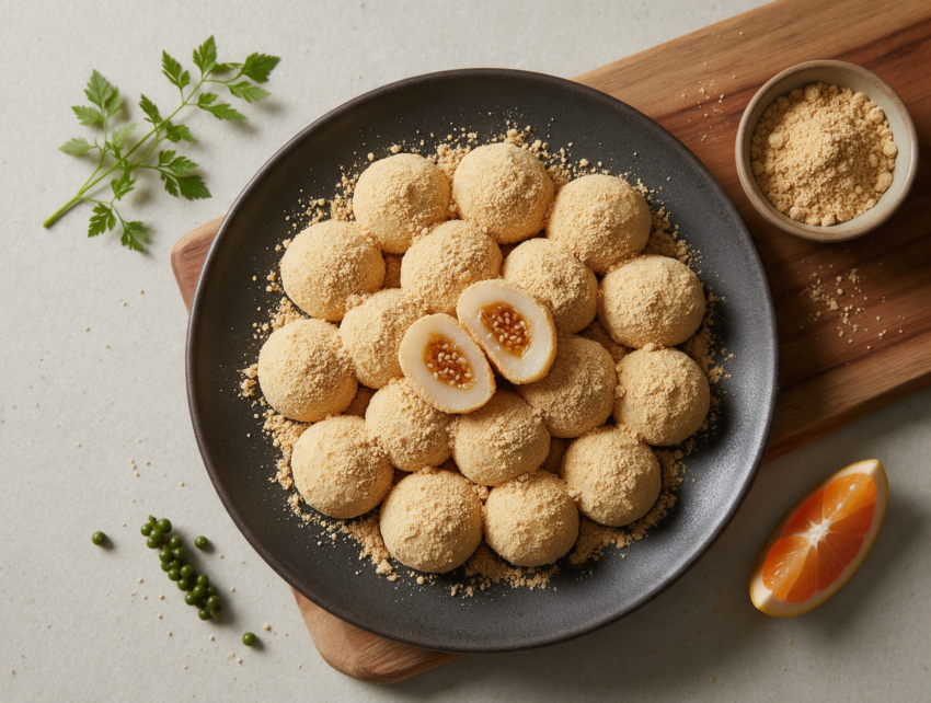 Overhead view of gyeongdan rice balls coated in toasted soybean powder, one halved to show the honey filling, on a dark plate.