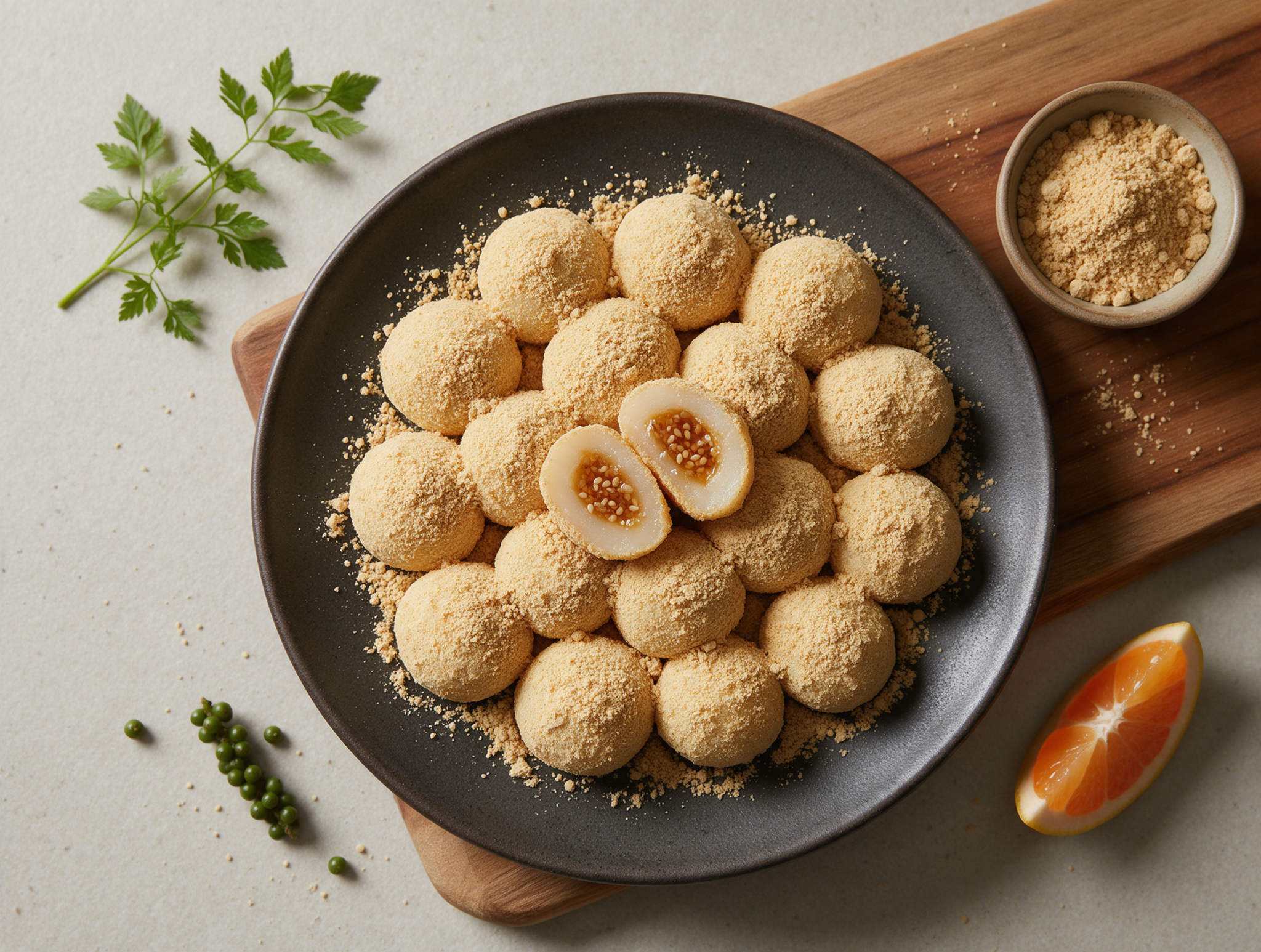 Overhead view of gyeongdan rice balls coated in toasted soybean powder, one halved to show the honey filling, on a dark plate.