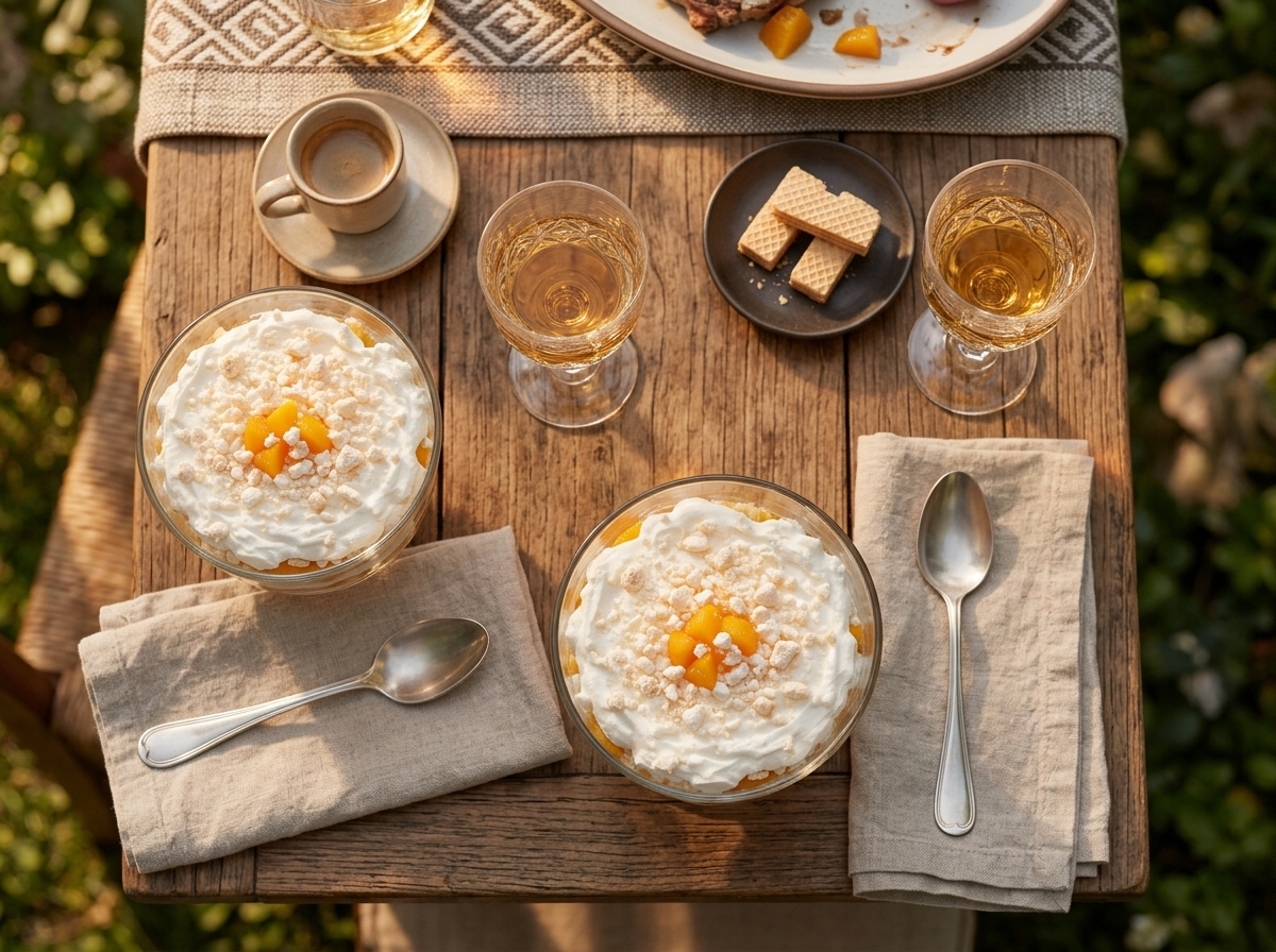 Two glass cups of postre chajá on an outdoor table beside espresso cups and a linen napkin in late afternoon light