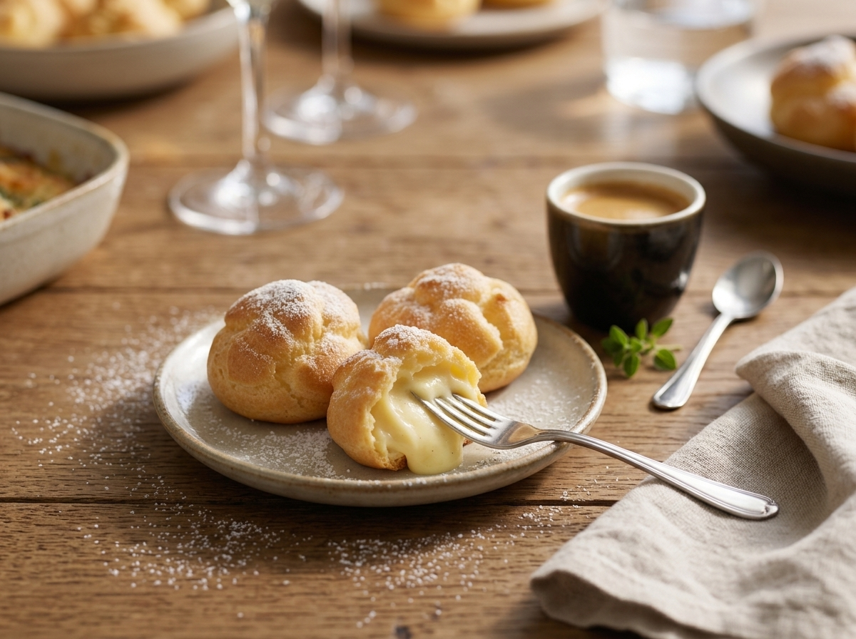 Plate of Serbian cream puffs beside small espresso cups on a linen napkin at a sunlit breakfast table.