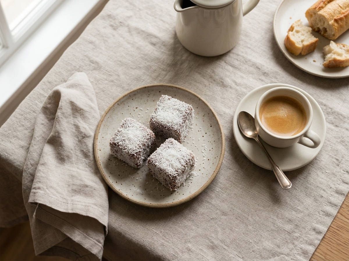 Small plate of coconut-coated cupavci beside an espresso cup on a linen tablecloth in morning light.
