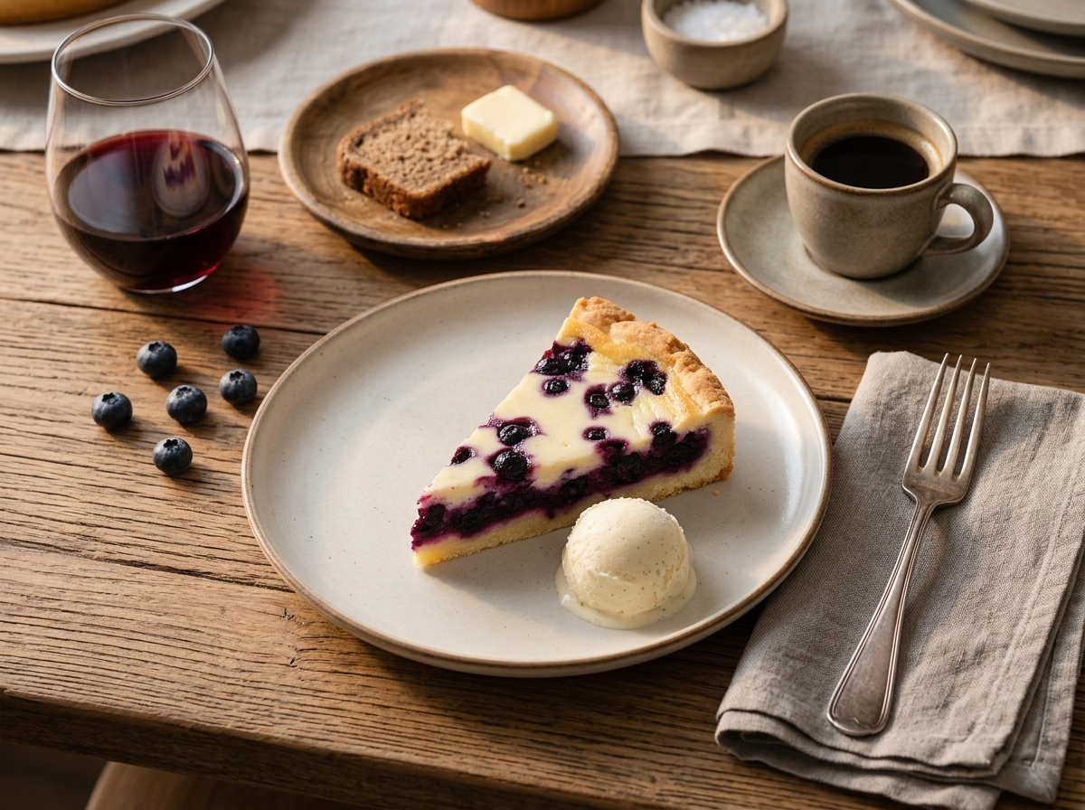 A slice of Finnish blueberry pie served on a linen napkin with coffee and a scoop of vanilla ice cream nearby.