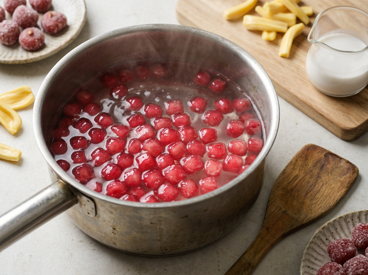 Red tapioca-coated water chestnuts floating and turning translucent in a pot of boiling water, wooden spoon stirring at the edge
