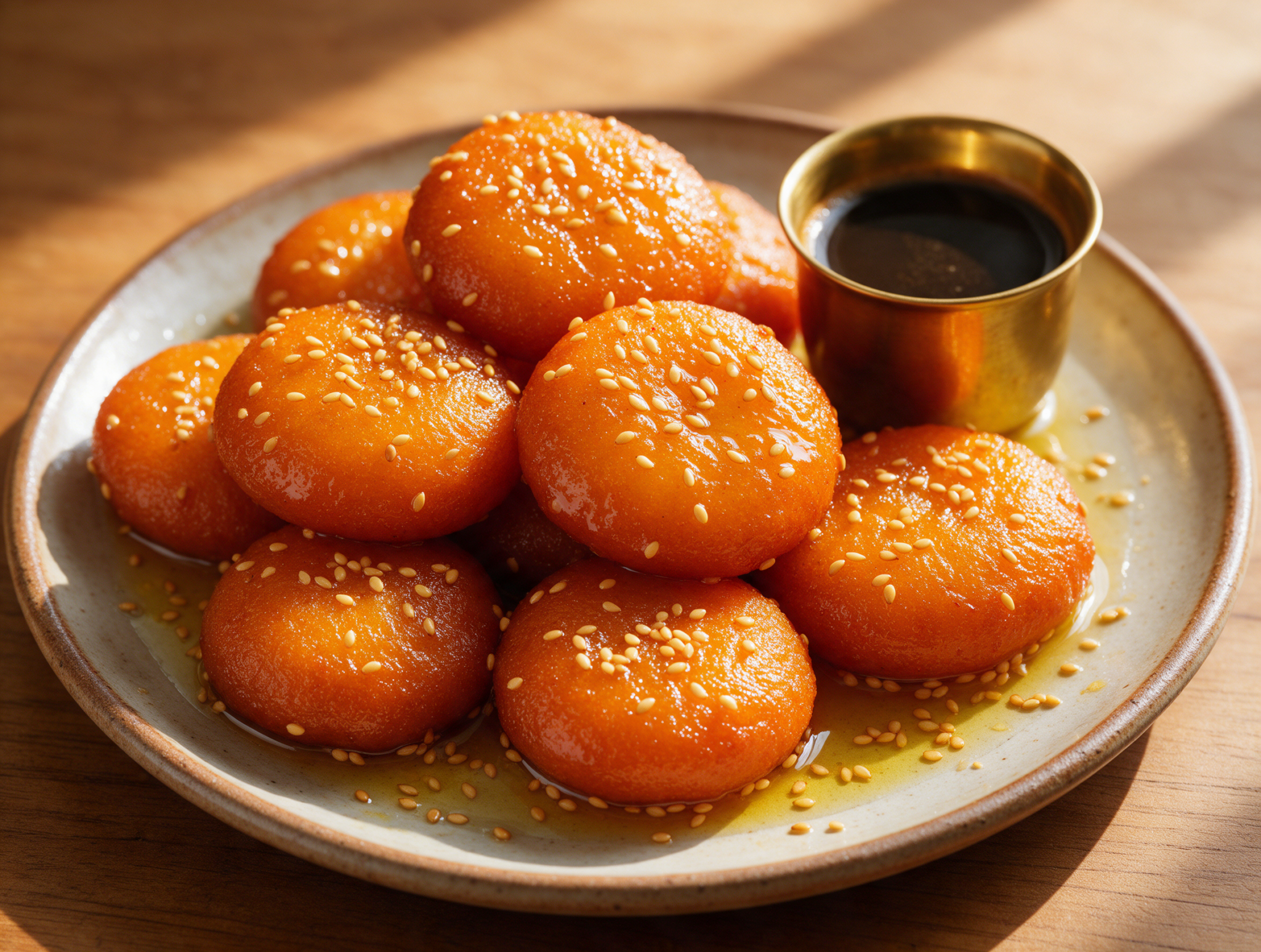 Golden khanfaroosh cakes stacked on a ceramic plate, glossy with syrup and topped with toasted sesame seeds under warm light.