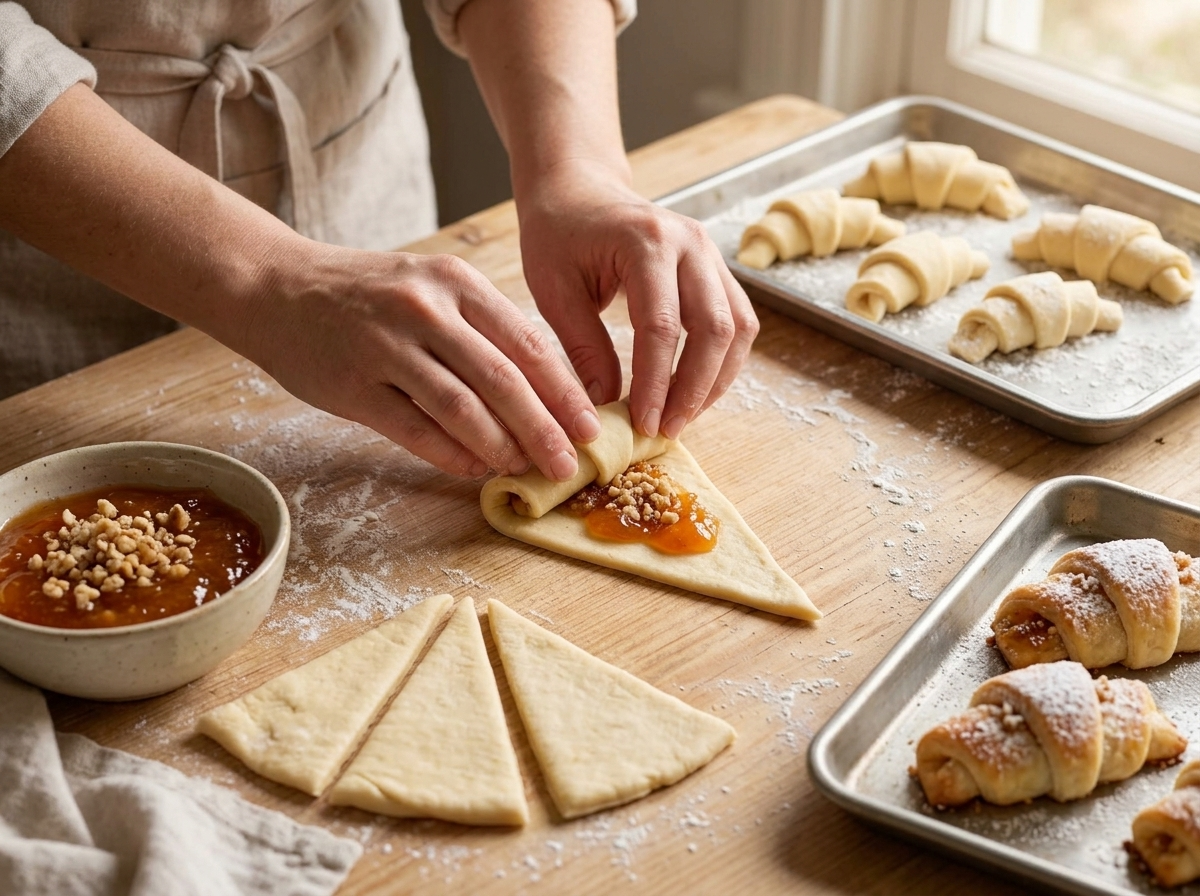 Hands rolling walnut and jam filled dough wedges into crescent shapes on a floured wooden surface before baking