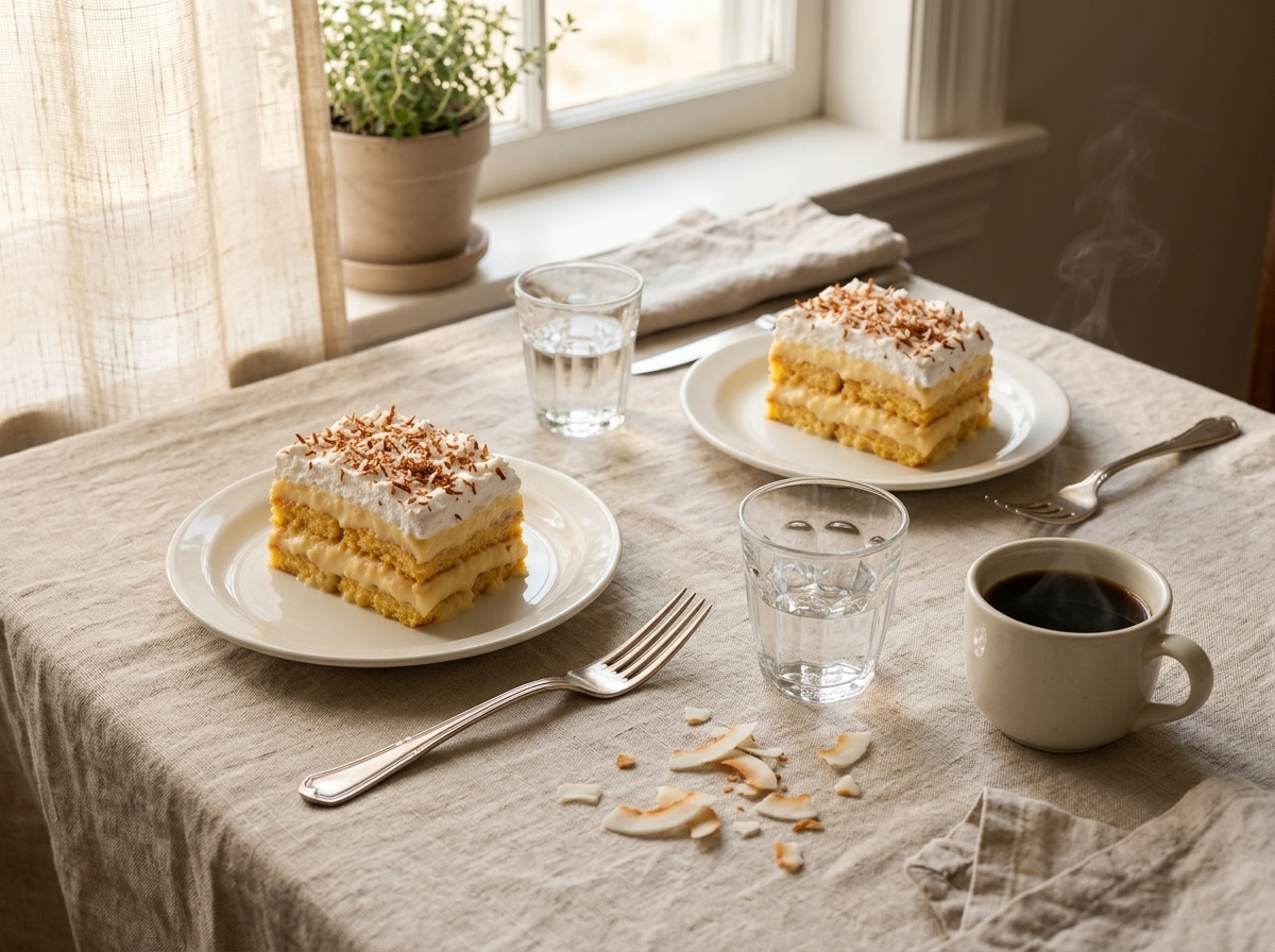 Two plates of bienmesabe venezolano on a linen tablecloth with coffee cups and toasted coconut flakes.