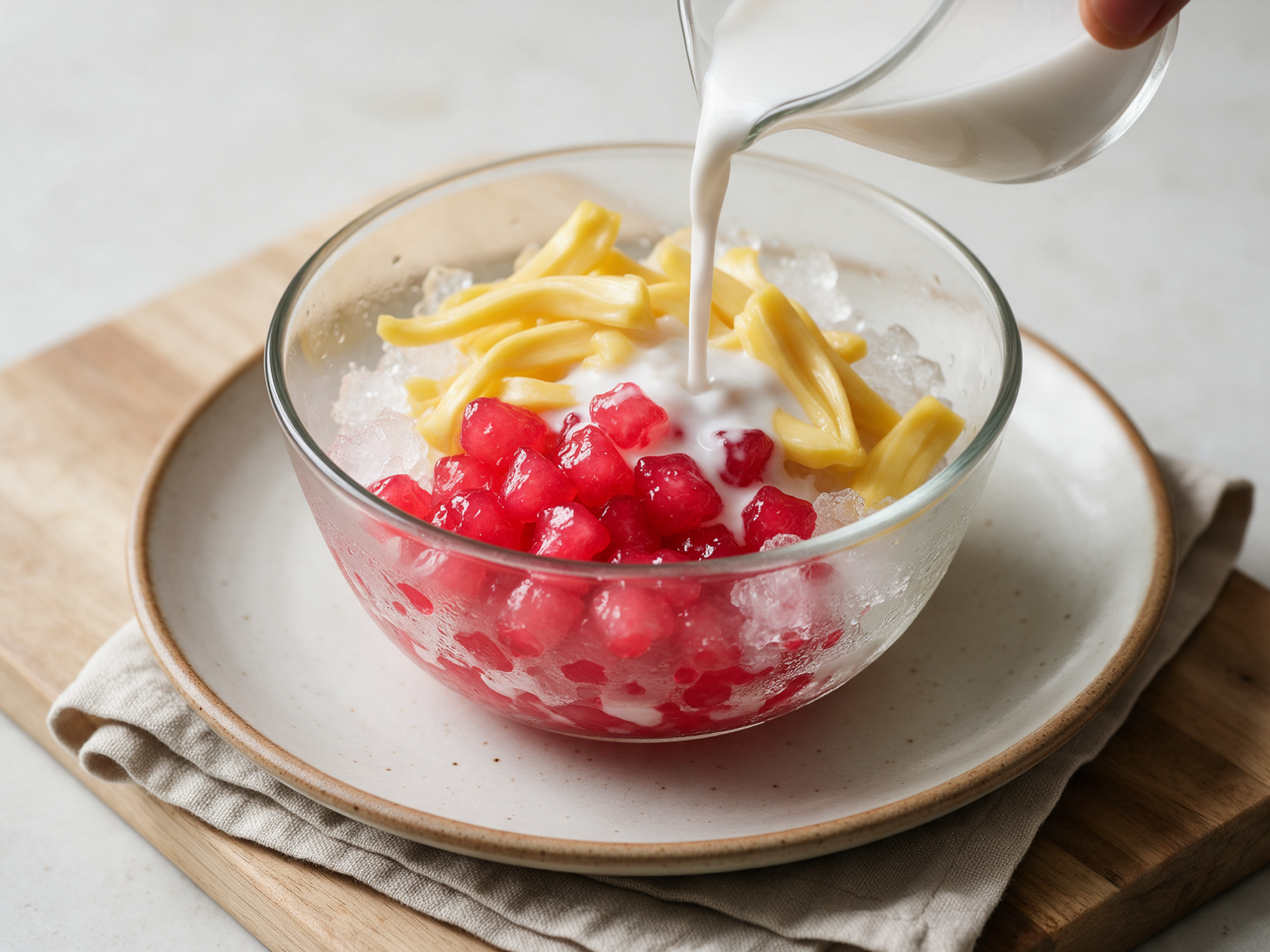 Glass bowl of ruby red tub tim grob with crushed ice, jackfruit strips, and coconut milk pooling at the base on a linen napkin