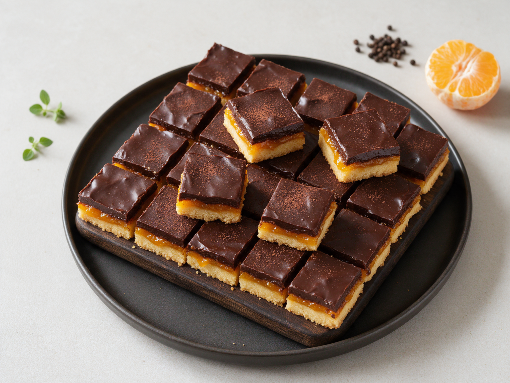 Glossy chocolate-glazed ledene kocke squares stacked on a wooden board with cocoa dusted over the top.