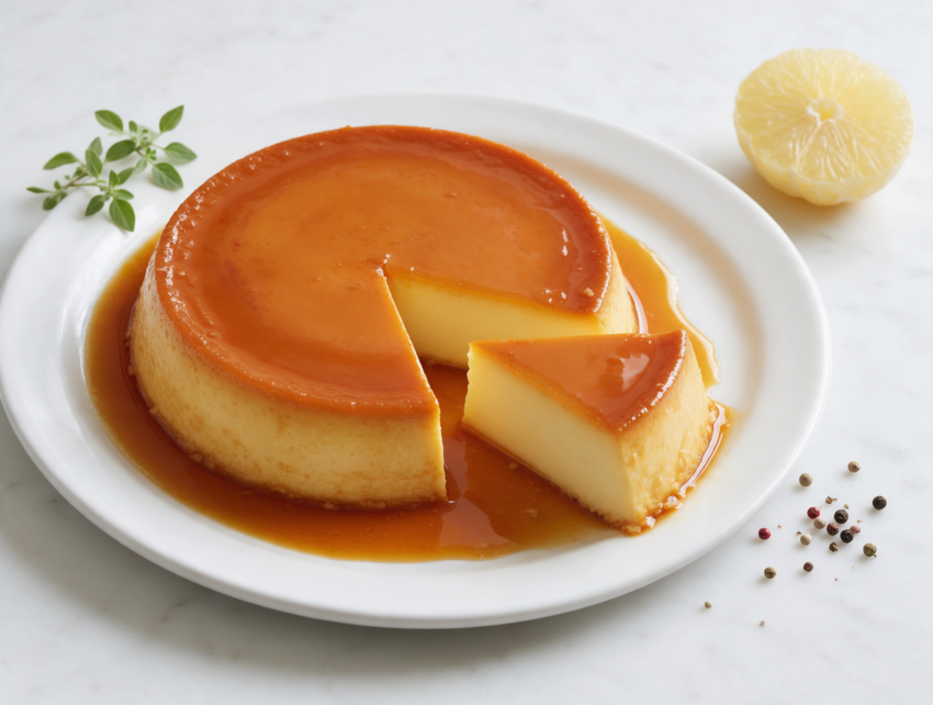 Unmolded Venezuelan quesillo on a white platter with glossy caramel pooling around a cut wedge, soft light.