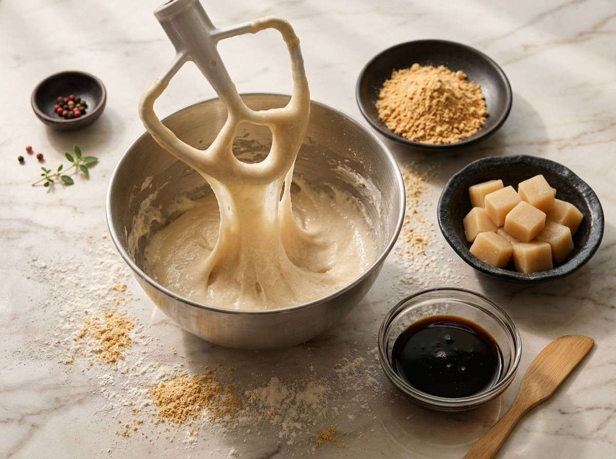 Hands pounding warm steamed rice dough in a stand mixer bowl, the mixture turning glossy and stretchy