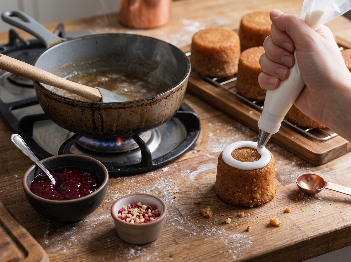 Hand piping a white icing ring around the top edge of a baked Runeberg torte on a wooden kitchen counter