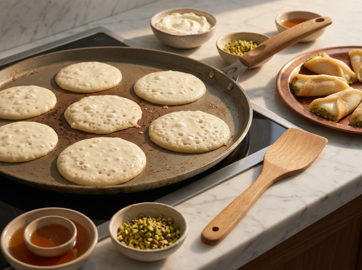 Yeasted batter bubbling on a hot griddle, small holes forming on the pale top while the underside turns golden.