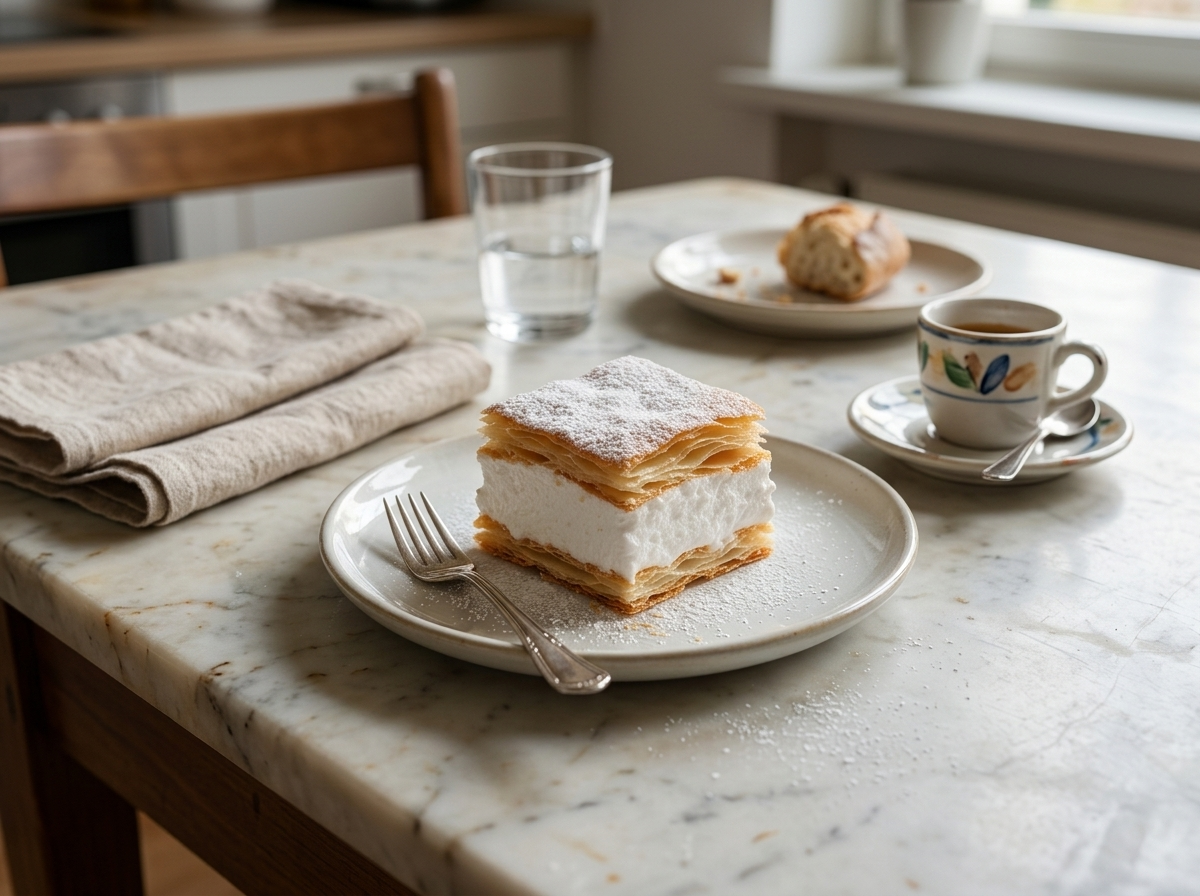 A single square of sampita plated beside a small espresso cup on a linen-covered table in afternoon light.