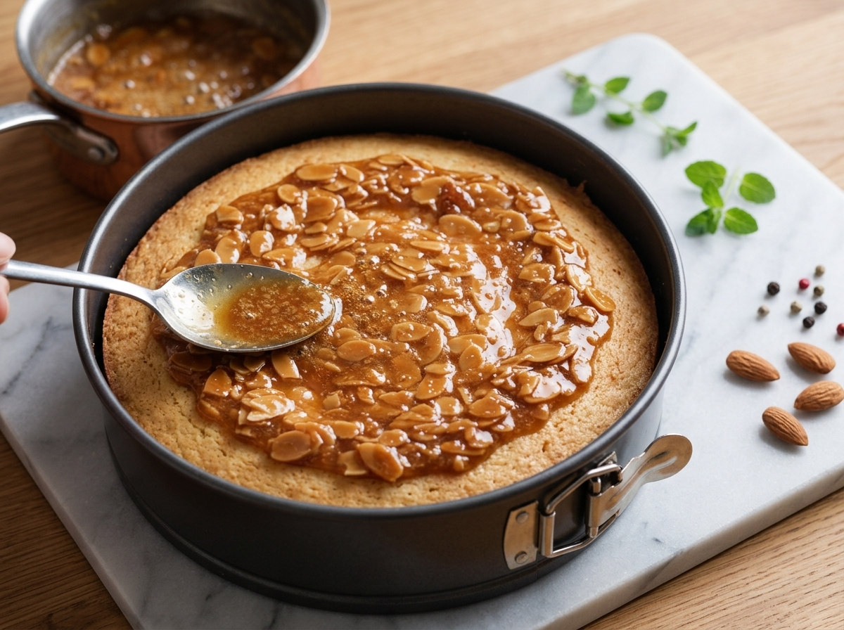 Golden toffee-almond mixture bubbling in a saucepan being spread with a spatula over a partially baked sponge cake.
