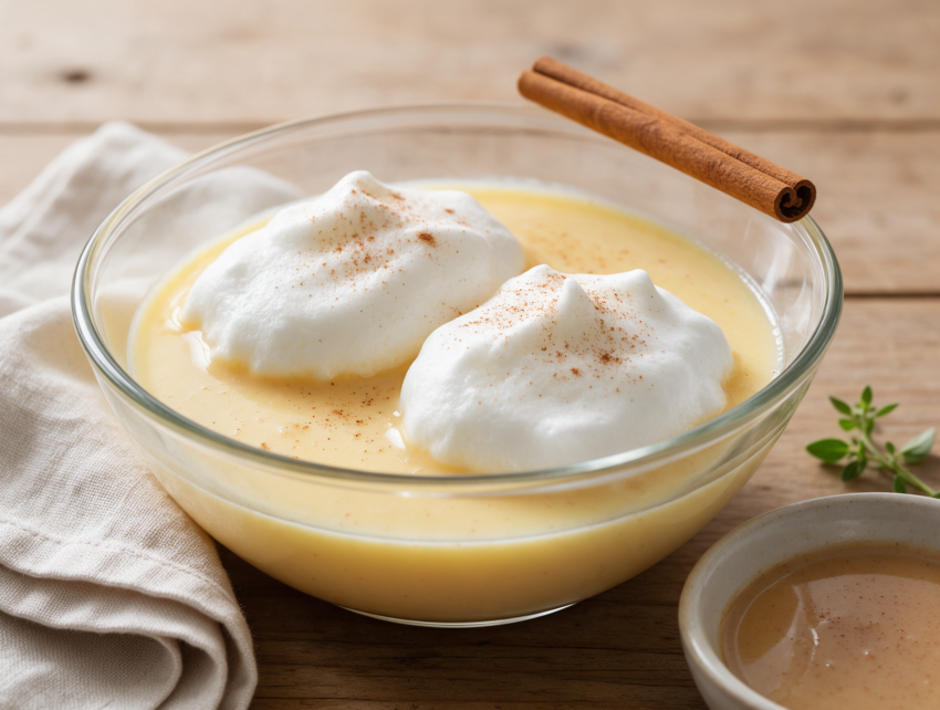 Glass bowl of leche nevada with pale custard, poached white meringue clouds, and a dusting of cinnamon on a wooden table.