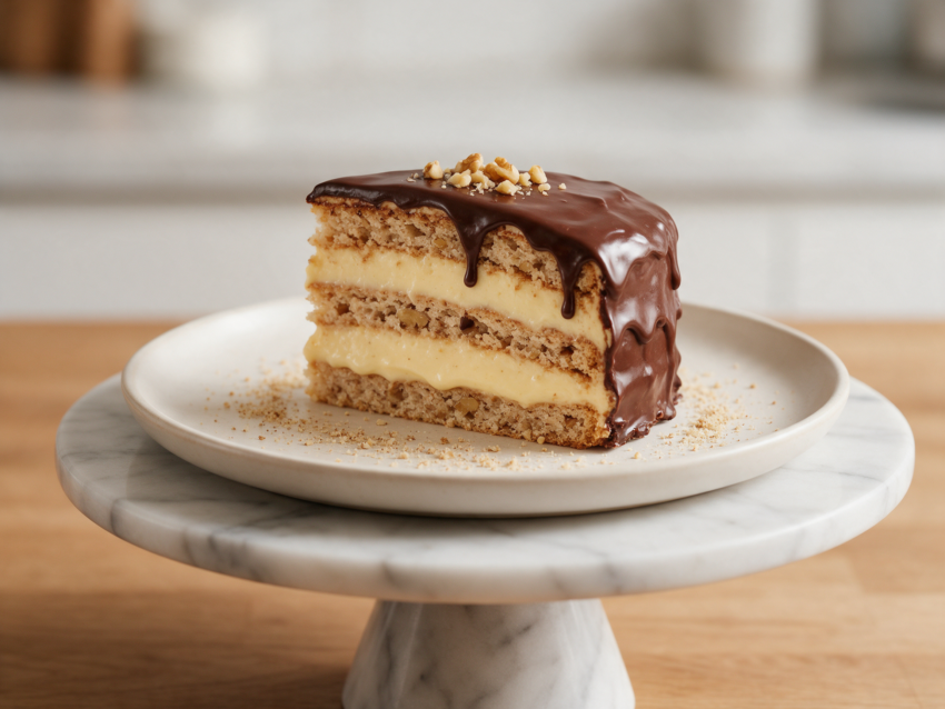 Sliced reform torta on a marble stand showing three walnut layers and glossy chocolate glaze dripping down one side