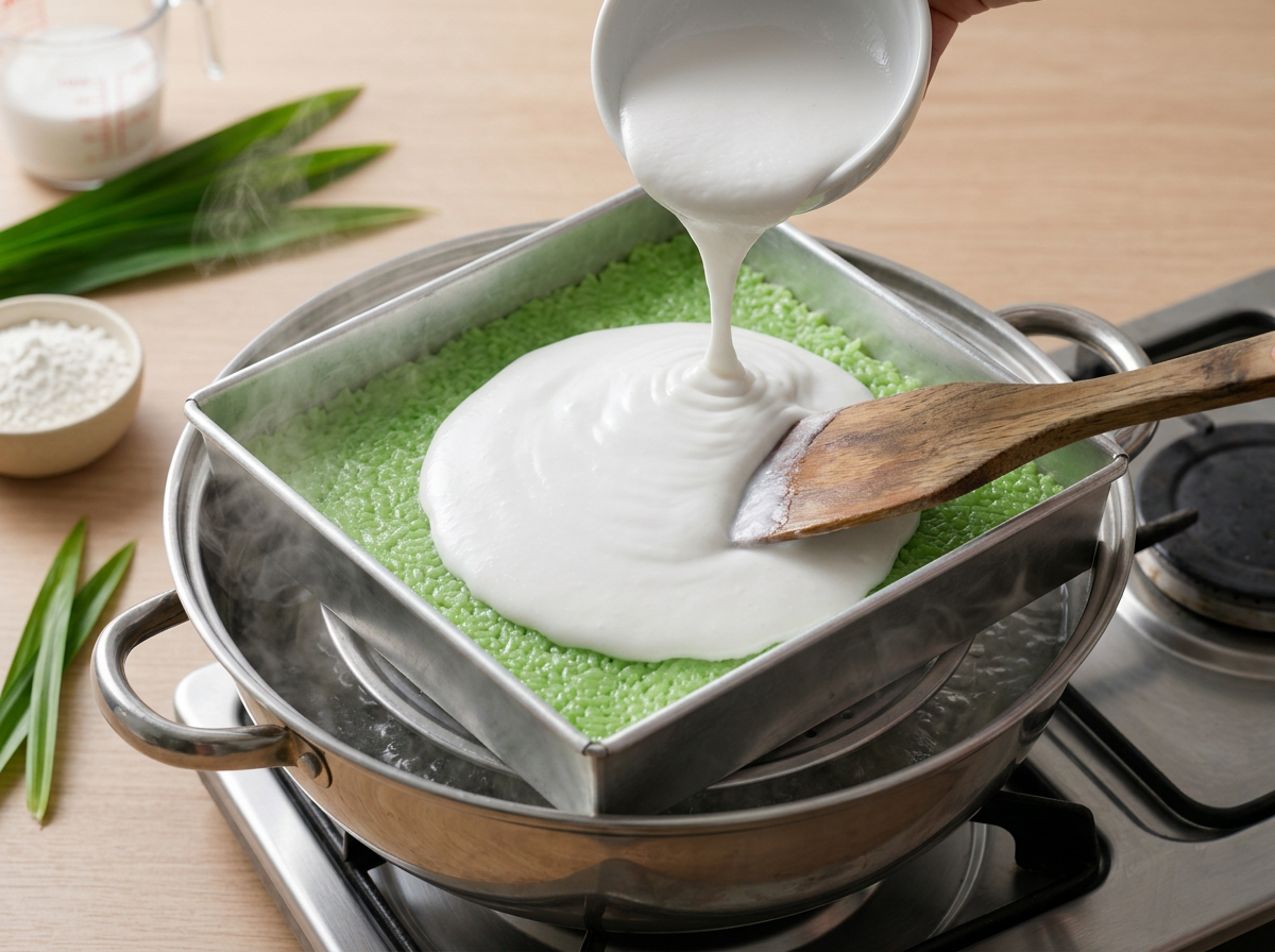 Coconut custard batter being poured over the set pandan layer in a square pan while steam still rises from the pot.