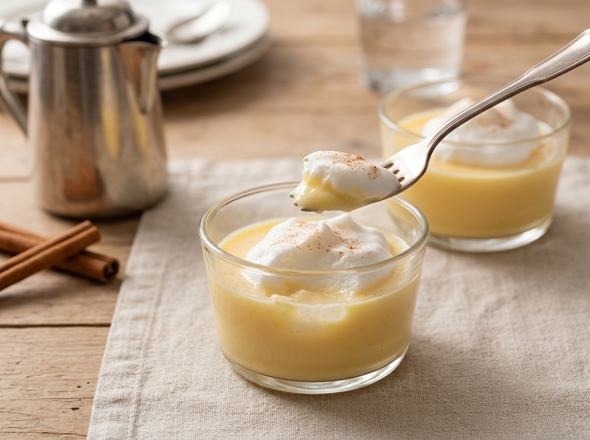 A hand holding a spoon over a small glass cup of leche nevada at a sunlit table with cinnamon sticks nearby.
