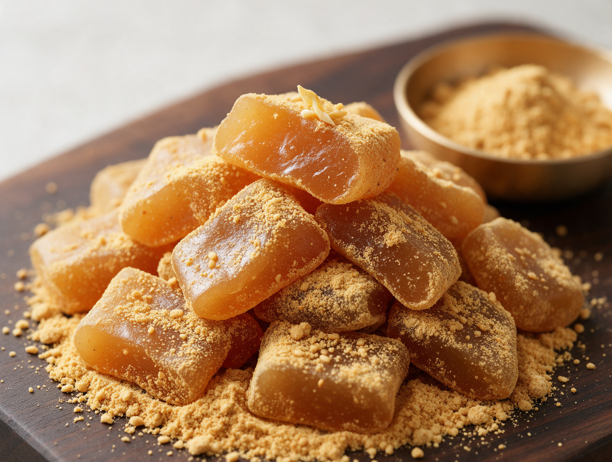 Amber Korean yeot taffy pieces dusted in golden soybean powder, piled on a dark wooden board under soft window light