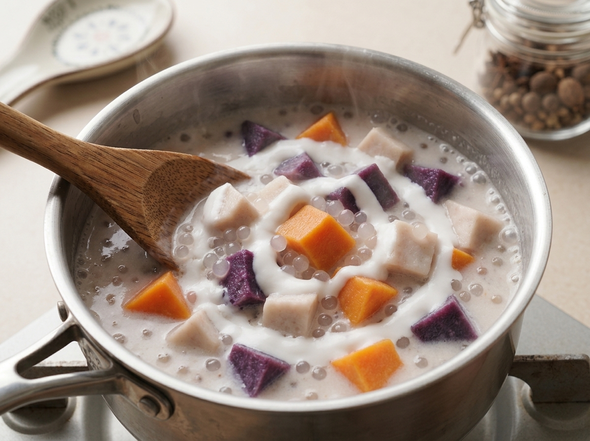 Wooden spoon stirring cooked sweet potato, taro, and sago pearls into simmering coconut milk in a saucepan