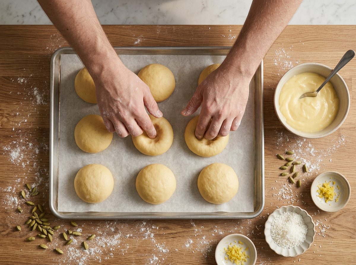 Hands pressing a deep well into proofed dough balls on a sheet pan, pale custard ready to spoon into each one.