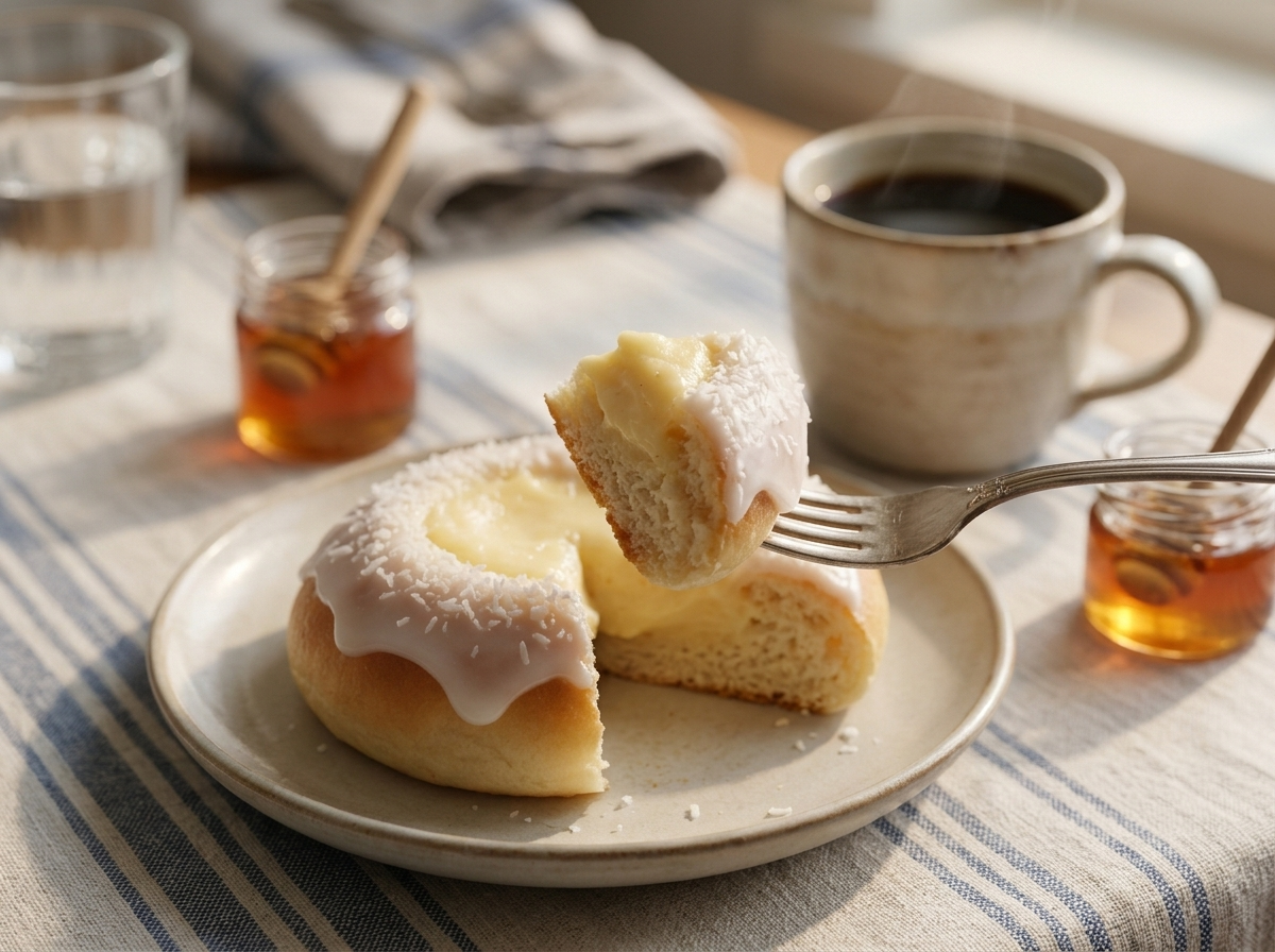 Morning table scene with hands breaking into a glazed skolebrod bun beside a steaming coffee cup and linen napkin.