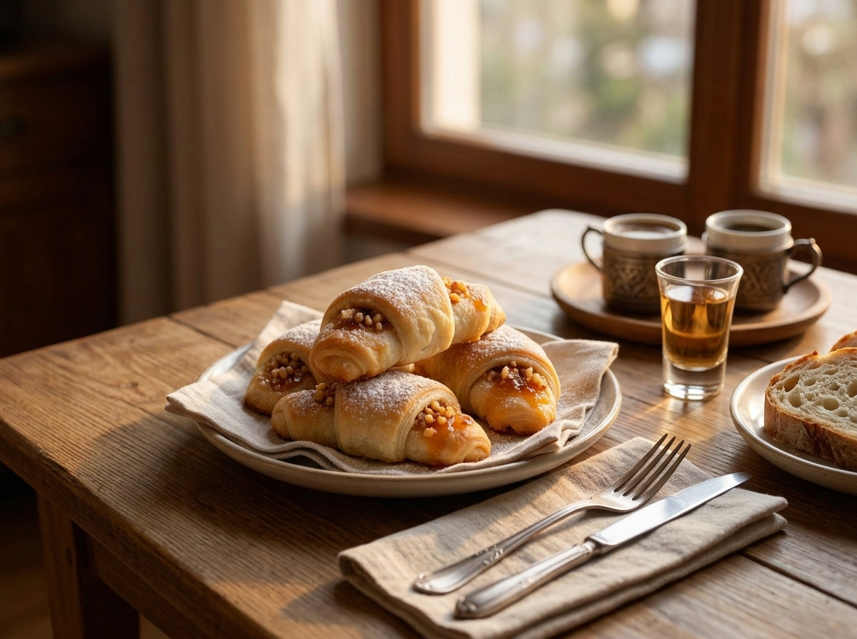 A linen-lined plate of salcici pastries beside a small glass of rakija and cups of coffee at a holiday table