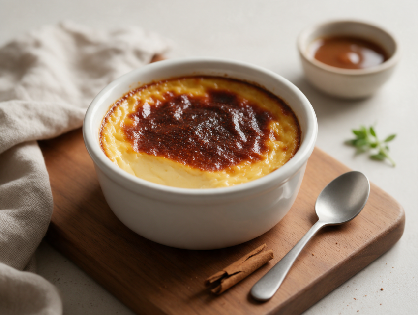 Baked jericalla custard in a white ramekin showing a deep brown toasted top and a spoon resting on a wooden board