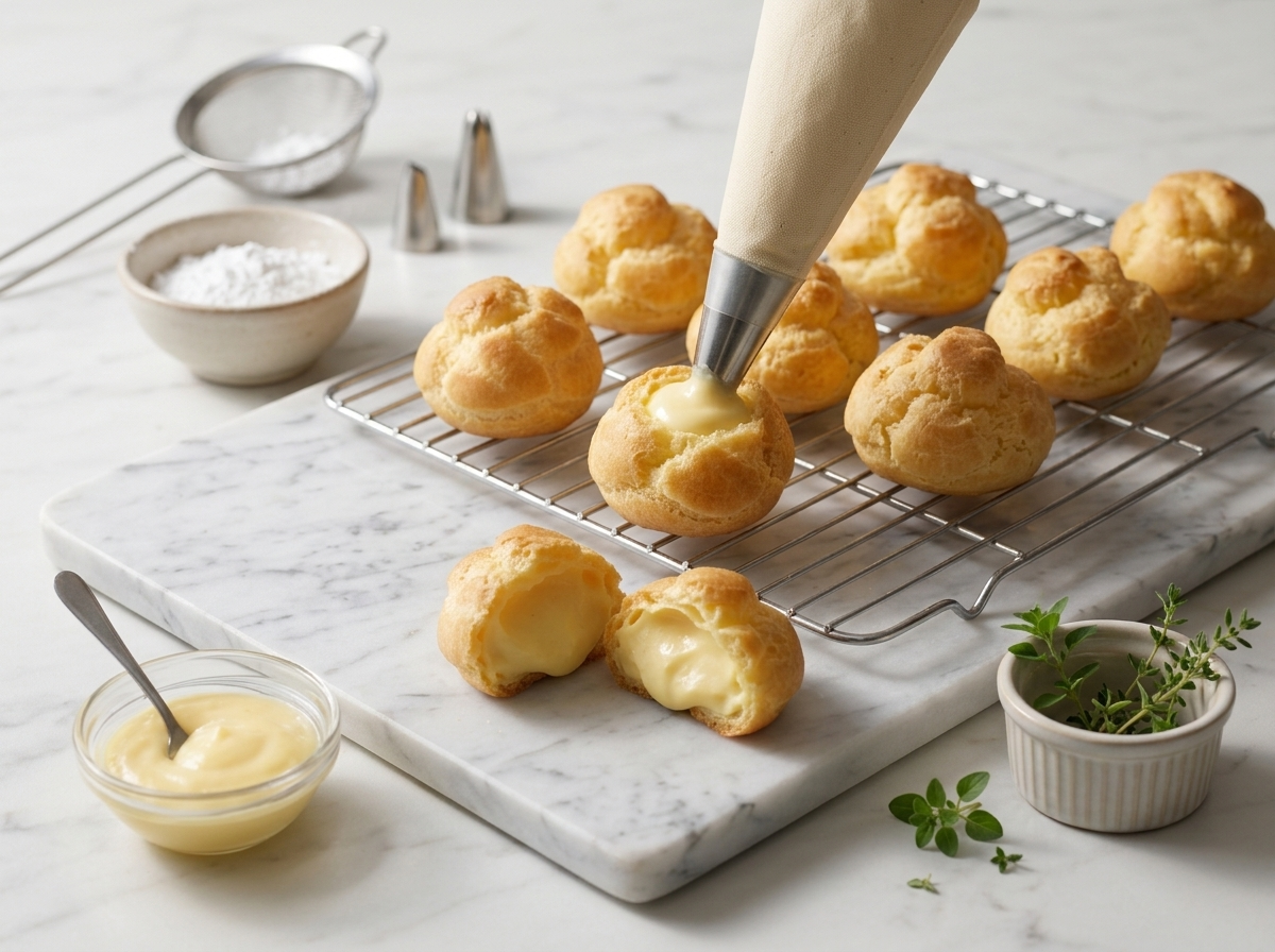 Piping bag filling a baked choux puff with thick vanilla custard over a cooling rack in a home kitchen.
