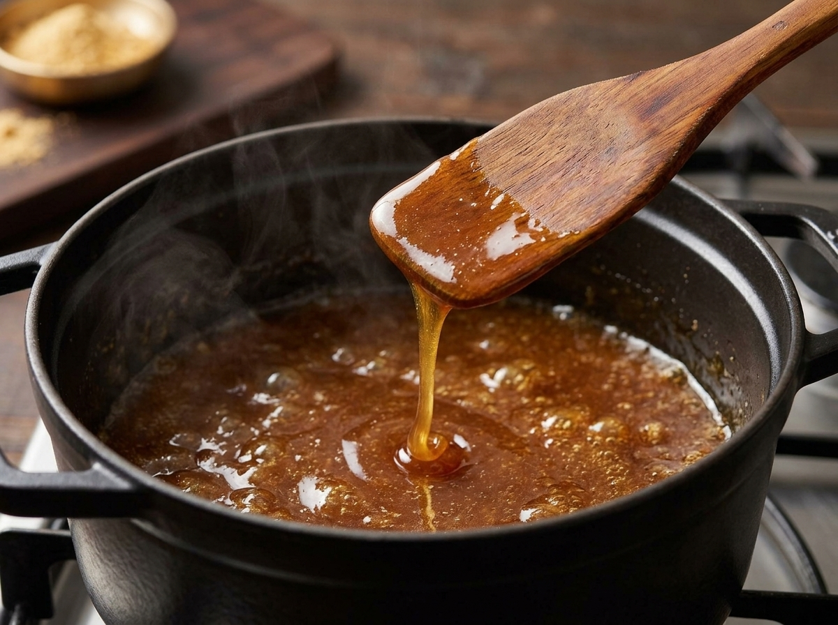 Thick amber yeot syrup dripping in a slow ribbon off a wooden spoon inside a simmering stockpot on the stove