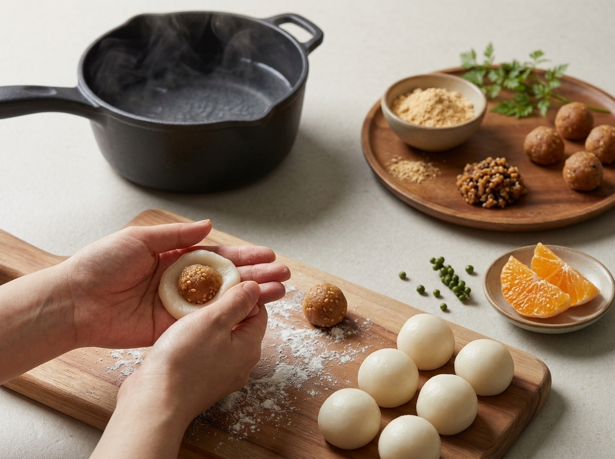 Hands sealing a small honey-sesame filling ball inside soft rice dough on a floured wooden board near a simmering pot.