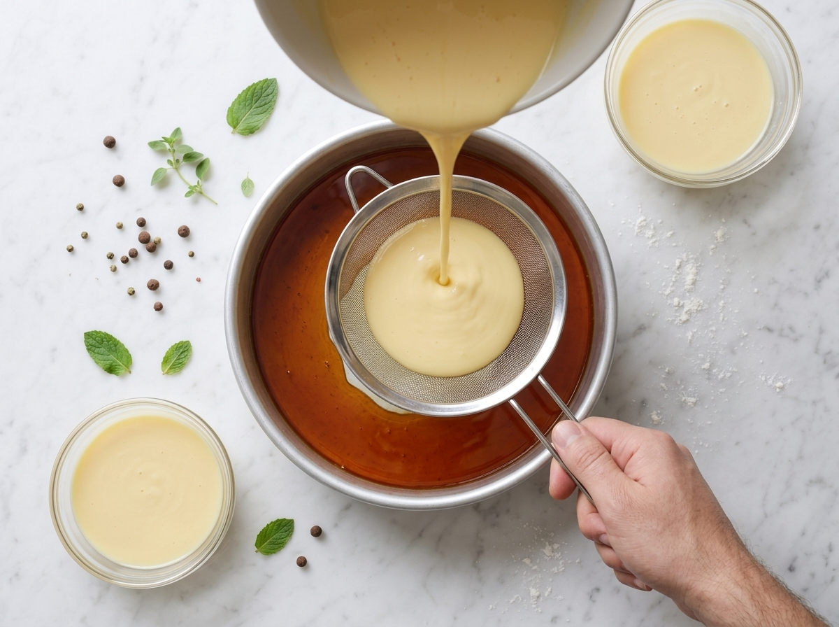 Straining an egg and condensed milk mixture through a fine-mesh sieve into a caramel-lined baking pan.