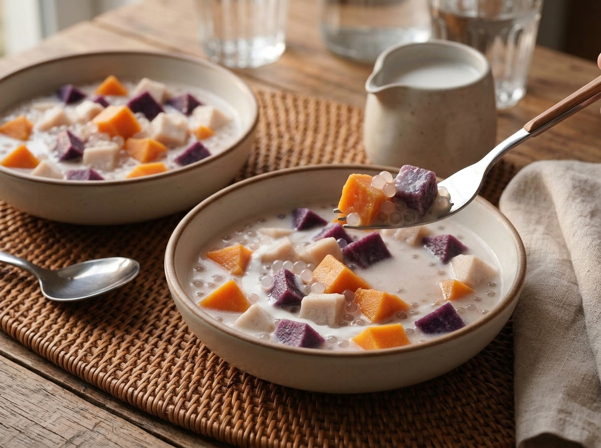 Two ceramic bowls of bubur cha cha on a rattan mat with spoons and a small pitcher of coconut milk nearby