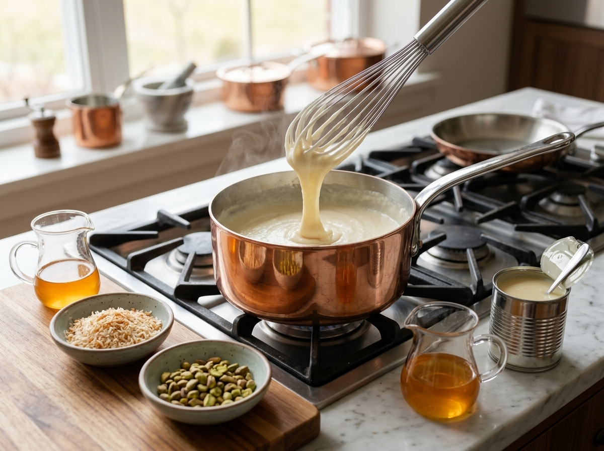 Whisk lifting thick pale semolina pudding from a saucepan, mixture coating the whisk in a slow ribbon over stovetop heat