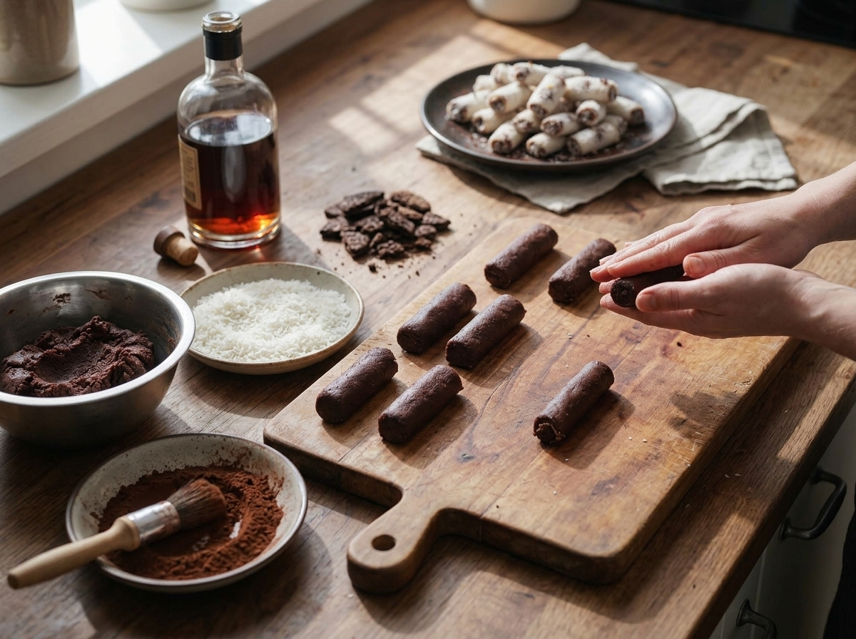 Hands rolling fudgy cocoa dough into small logs on a wooden board, cookie crumbs and rum bottle beside the bowl.