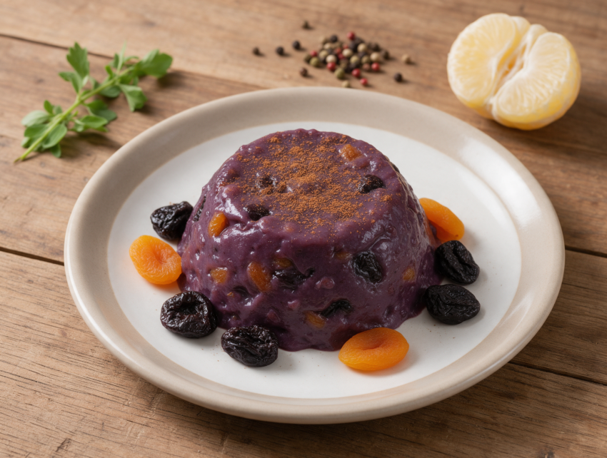 Overhead view of deep purple mazamorra morada in a glass cup, dried apricot pieces and cinnamon dust visible, wooden table.