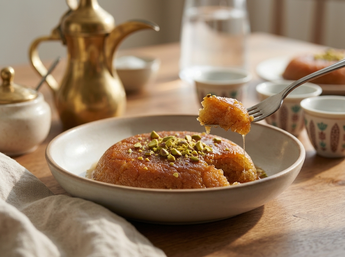 Small clay bowl of khabeesa next to a brass coffee pot and two cups on a linen-covered wooden table in soft light.