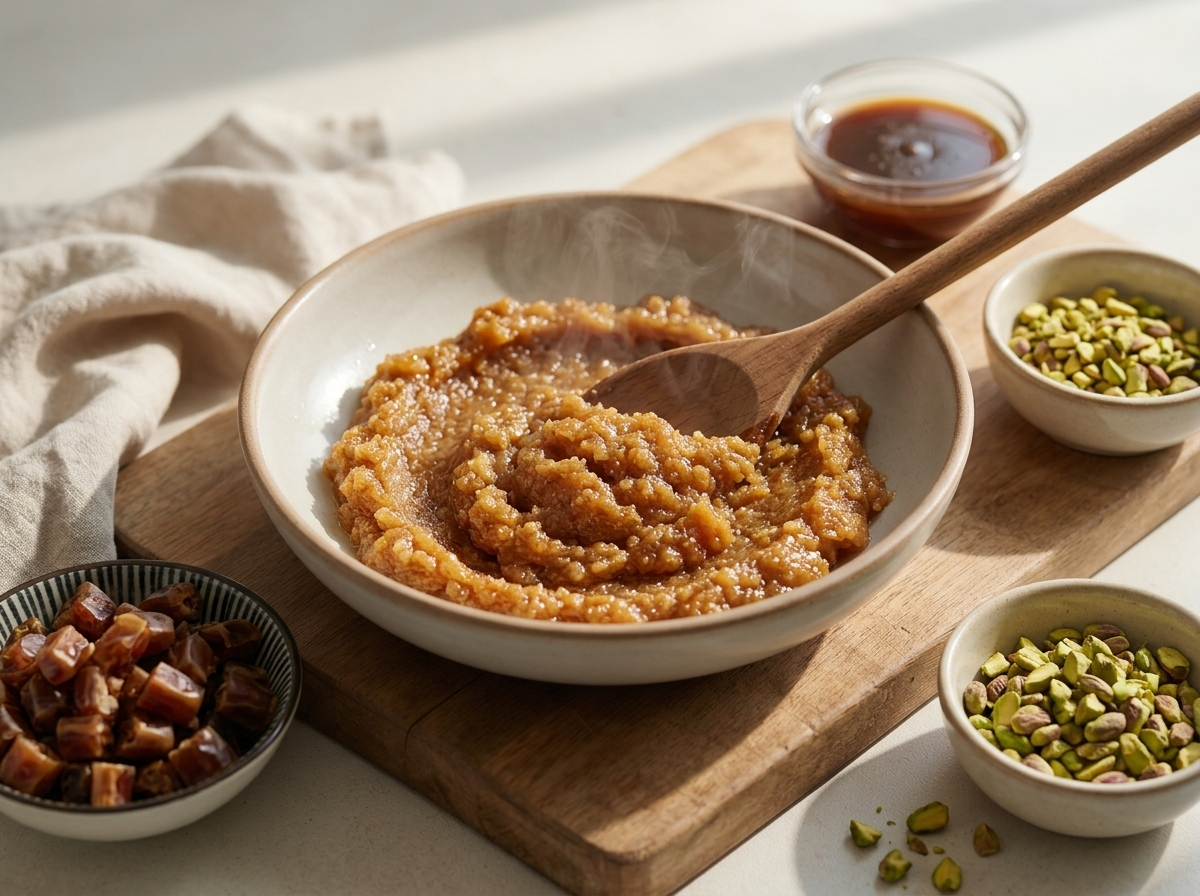Wooden spoon stirring toasted golden flour and ghee in a nonstick skillet just before the warm date syrup is poured in.