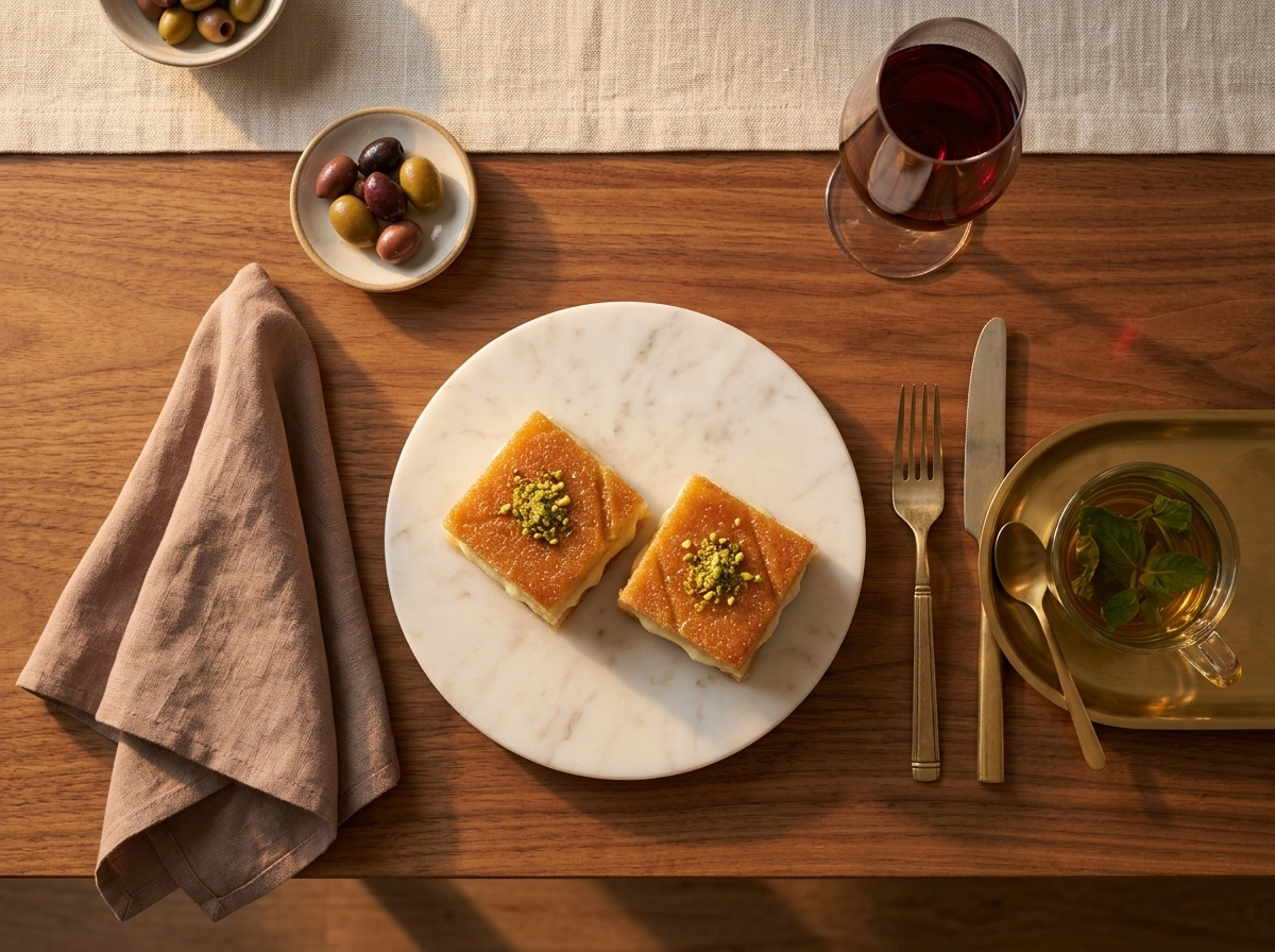 Small plate of madlouka beside a glass of mint tea on a linen tablecloth, afternoon light through the window.