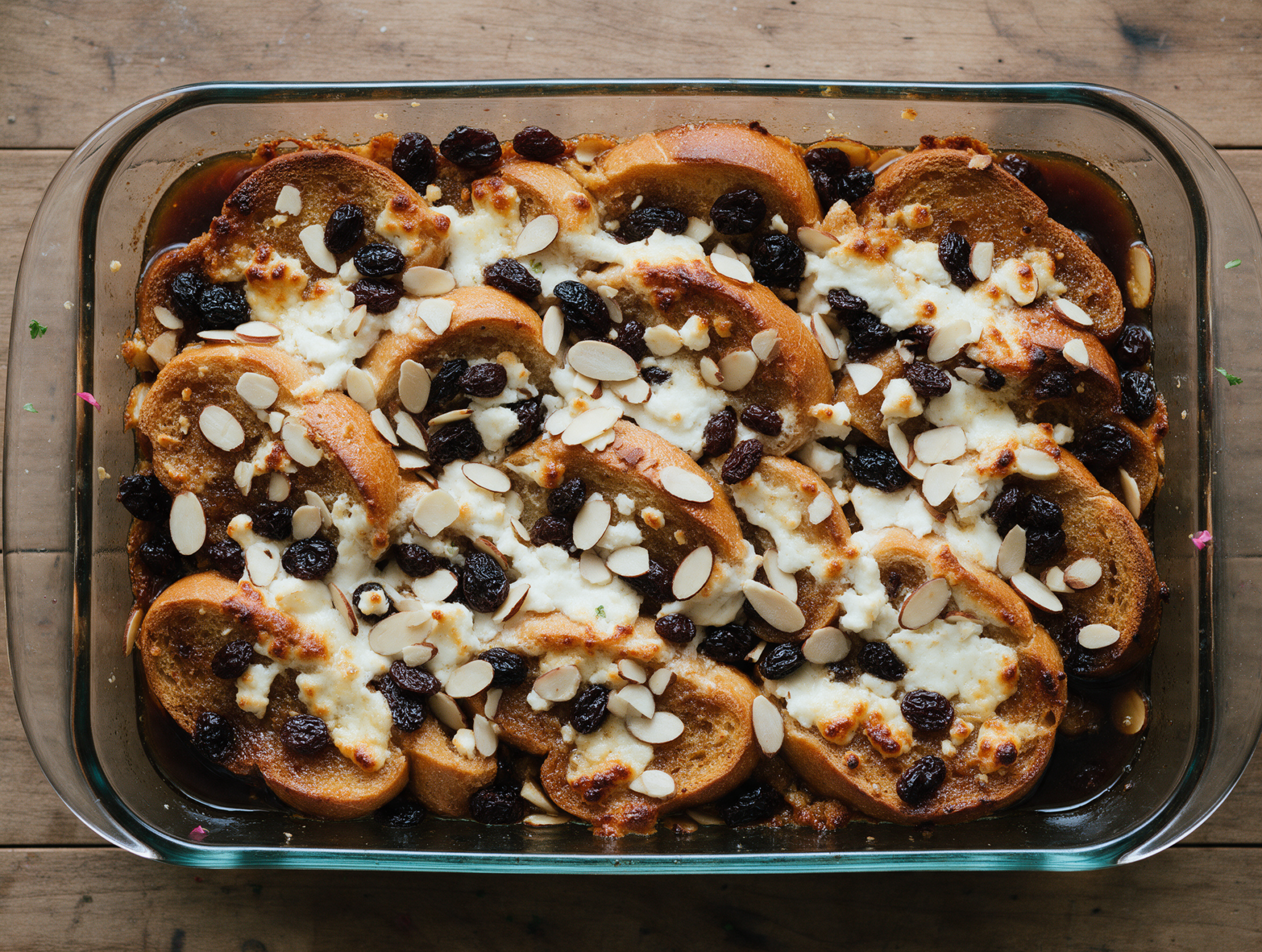 Overhead view of baked capirotada in a glass dish, melted cheese top, raisins and almonds scattered across golden bread