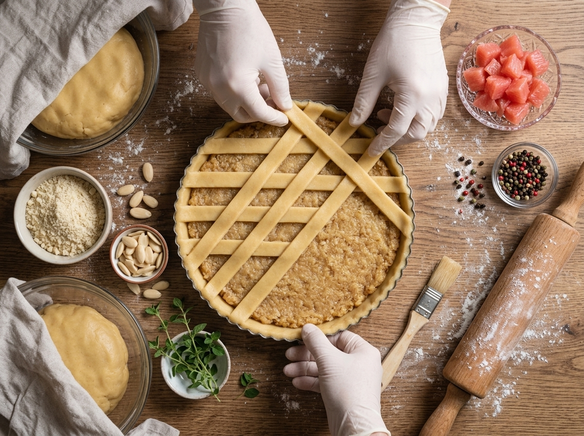 Hands weaving pastry strips into a lattice over almond filling in a tart pan on a floured wooden counter.