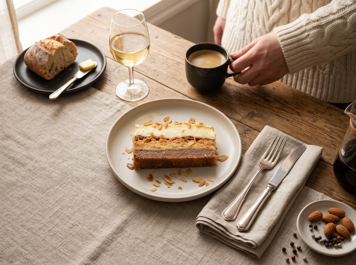 A woman in a knit sweater pouring coffee beside a plated slice of suksessterte on a linen napkin near a sunlit window.