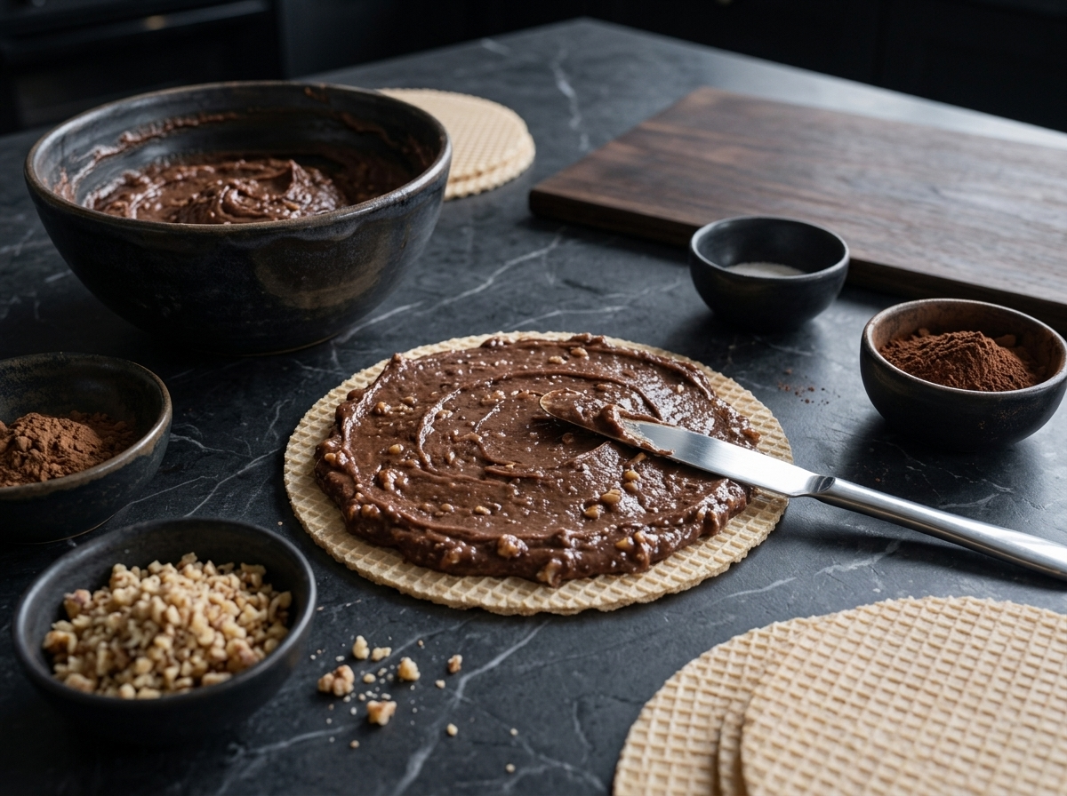 Cook spreading dark walnut-cocoa filling over a round wafer sheet with an offset spatula in a kitchen setting.